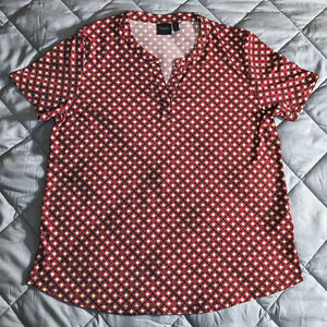 (M) Women's Rafaella Red Black & Cream Patterned Short Sleeve V-neck Blouse